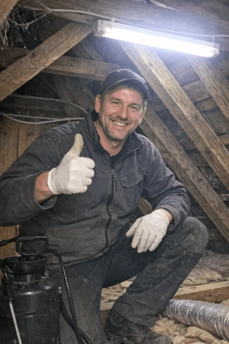 Freundlicher Holzschutz-Techniker bei der Inspektion eines Dachstuhls